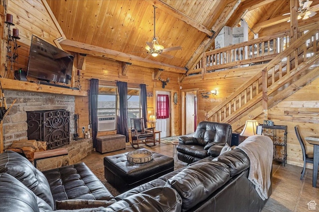 9911 S Antelope Xing, Duchesne, UT 84021 - living room with wooden walls, wooden ceiling with exposed beams, a ceiling fan, stairway, and a stone fireplace