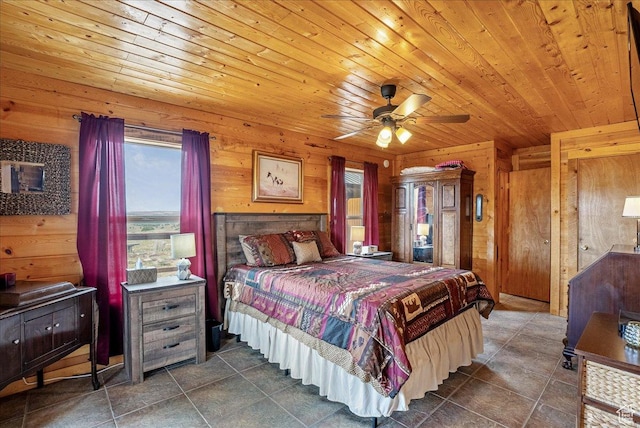 9911 S Antelope Xing, Duchesne, UT 84021 - bedroom featuring wooden walls, wooden ceiling, dark tile patterned floors, and a ceiling fan