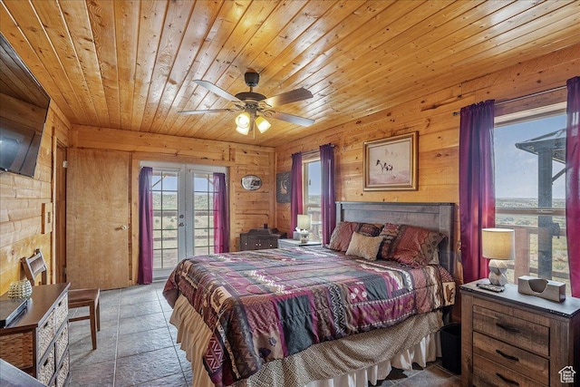 9911 S Antelope Xing, Duchesne, UT 84021 - bedroom featuring wooden ceiling, french doors, access to outside, wooden walls, and a ceiling fan