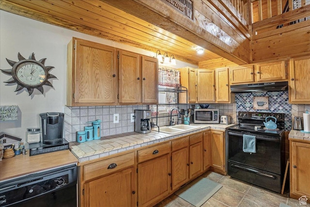 9911 S Antelope Xing, Duchesne, UT 84021 - kitchen with black appliances, a sink, under cabinet range hood, and backsplash