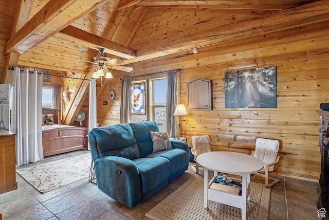 9911 S Antelope Xing, Duchesne, UT 84021 - living room featuring wood walls, ceiling fan, wood ceiling with exposed beams, and high vaulted ceiling