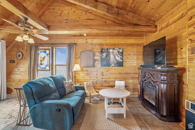 9911 S Antelope Xing, Duchesne, UT 84021 - living area featuring wooden walls, wooden ceiling, ceiling fan, and a glass covered fireplace