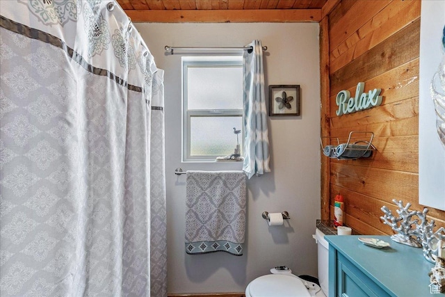9911 S Antelope Xing, Duchesne, UT 84021 - full bath with wood ceiling, wooden walls, vanity, toilet, and curtained shower