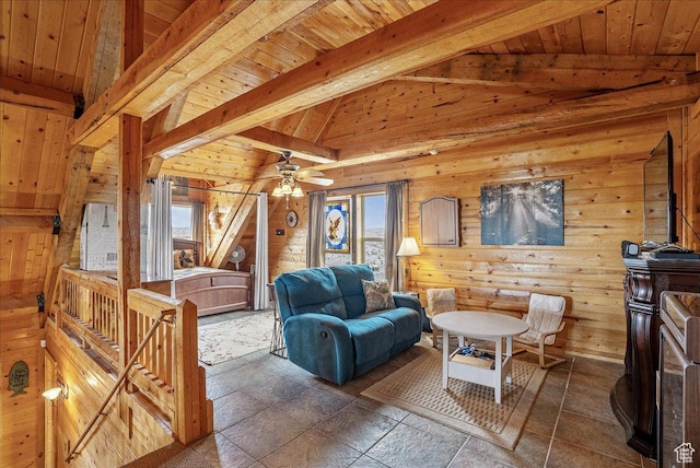 9911 S Antelope Xing, Duchesne, UT 84021 - living area featuring wooden walls, plenty of natural light, wooden ceiling, and a ceiling fan