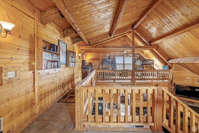 9911 S Antelope Xing, Duchesne, UT 84021 - hallway with wood walls, wooden ceiling, an upstairs landing, and tile patterned floors