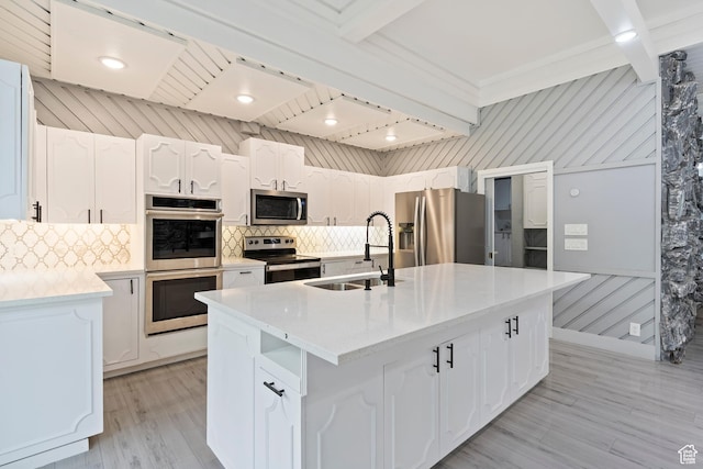 4203 S College Dr E, Ogden, UT 84403 - kitchen with stainless steel appliances, a sink, decorative backsplash, white cabinets, and beam ceiling