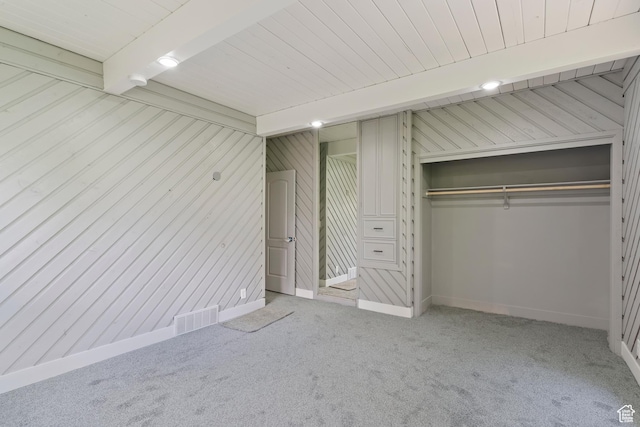 4203 S College Dr E, Ogden, UT 84403 - unfurnished bedroom with carpet flooring, a closet, baseboards, wooden ceiling with exposed beams, and wooden walls
