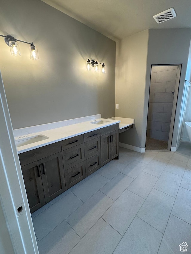 1234 N 4950 W, Plain City, UT 84404 - full bath featuring double vanity, tiled shower, tile patterned floors, and baseboards