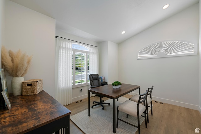 1446 E Anvil Dr, Draper, UT 84020 - office area with lofted ceiling, light wood-style floors, recessed lighting, and baseboards