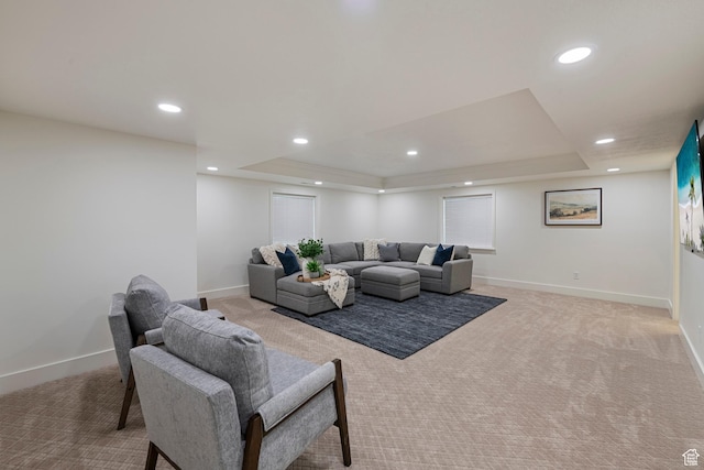 1446 E Anvil Dr, Draper, UT 84020 - living room featuring light carpet, a tray ceiling, baseboards, and recessed lighting