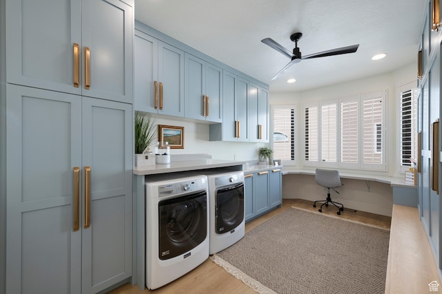 1446 E Anvil Dr, Draper, UT 84020 - laundry room with washing machine and dryer, cabinet space, a ceiling fan, light wood-type flooring, and recessed lighting