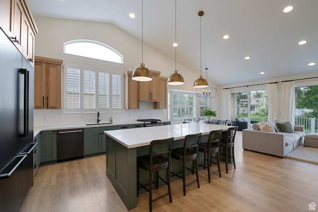 1446 E Anvil Dr, Draper, UT 84020 - kitchen with high quality fridge, dishwashing machine, a sink, decorative backsplash, and recessed lighting