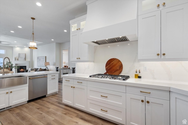 4307 N La Ringhiera Dr, Lehi, UT 84043 - kitchen with appliances with stainless steel finishes, custom exhaust hood, a sink, recessed lighting, and white cabinets