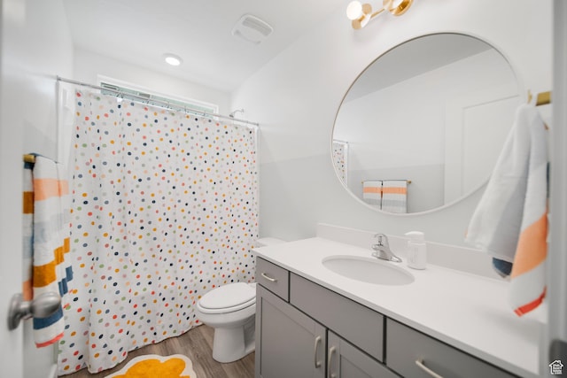 473 N Northshore Dr, Saratoga Springs, UT 84045 - bathroom with vanity, toilet, wood finished floors, and curtained shower