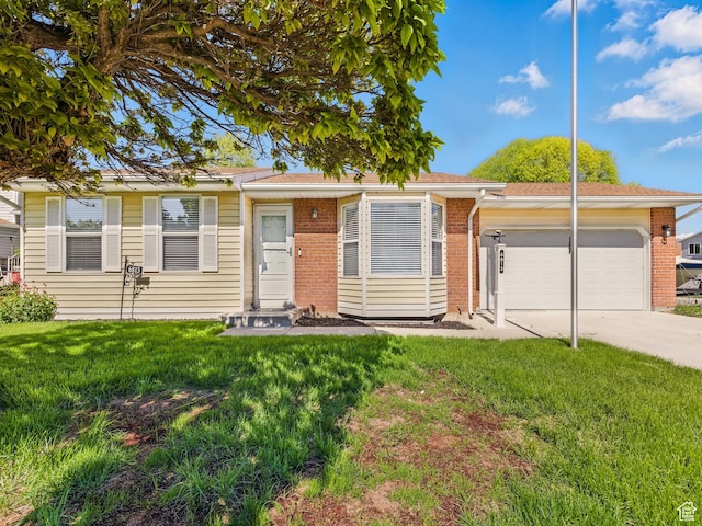 6813 S Sparrowtail Rd, West Jordan, UT 84081 - single story home with an attached garage, a front yard, concrete driveway, and brick siding