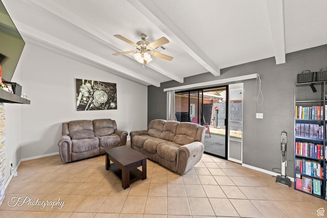 840 S 400 E Unit 46, St George, UT 84770 - living area featuring light tile patterned floors, beamed ceiling, ceiling fan, and baseboards