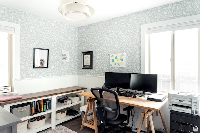 1584 E 3045 S, Salt Lake City, UT 84106 - home office featuring a wainscoted wall, plenty of natural light, and wallpapered walls
