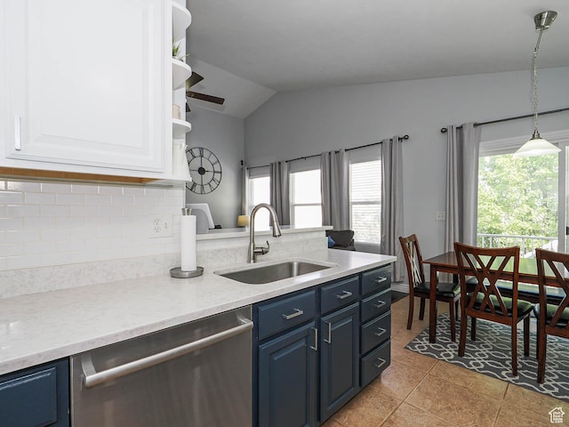 67 N Archmore St, Saratoga Springs, UT 84043 - kitchen featuring dishwasher, a sink, open shelves, blue cabinets, and vaulted ceiling