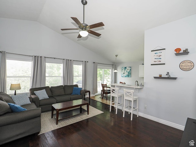 67 N Archmore St, Saratoga Springs, UT 84043 - living room featuring a ceiling fan, baseboards, wood finished floors, and high vaulted ceiling