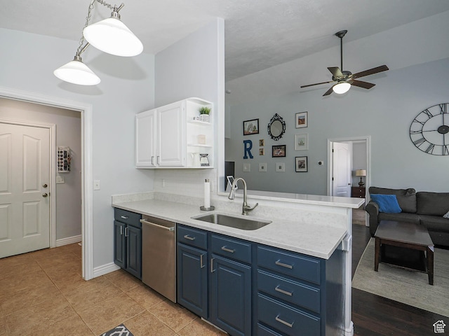 67 N Archmore St, Saratoga Springs, UT 84043 - kitchen with dishwasher, a sink, blue cabinetry, open shelves, and high vaulted ceiling