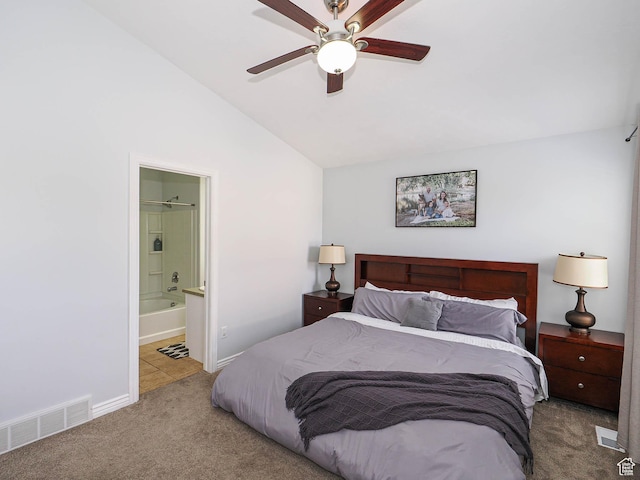 67 N Archmore St, Saratoga Springs, UT 84043 - bedroom featuring carpet, vaulted ceiling, ensuite bath, baseboards, and a ceiling fan