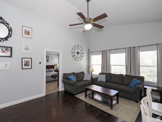 67 N Archmore St, Saratoga Springs, UT 84043 - living room with hardwood / wood-style flooring, a ceiling fan, plenty of natural light, baseboards, and high vaulted ceiling