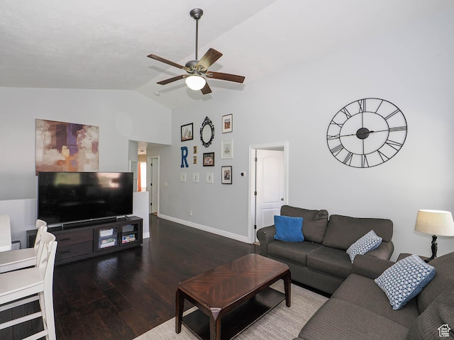 67 N Archmore St, Saratoga Springs, UT 84043 - living room with lofted ceiling, a ceiling fan, wood finished floors, and baseboards