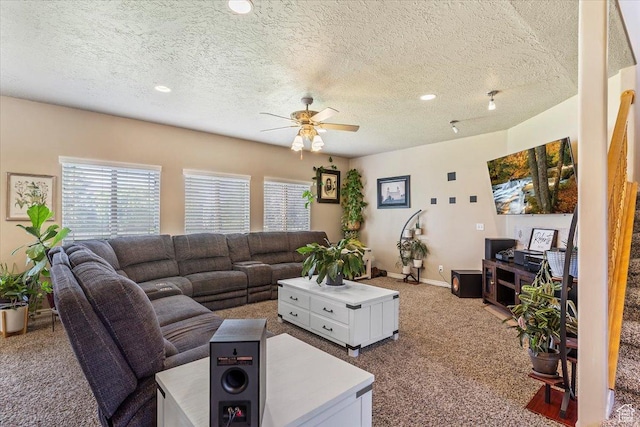 3681 W 775 N, Layton, UT 84041 - carpeted living area featuring a ceiling fan, a textured ceiling, recessed lighting, and baseboards