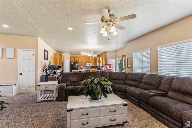 3681 W 775 N, Layton, UT 84041 - carpeted living room with a textured ceiling, ceiling fan, a chandelier, and recessed lighting