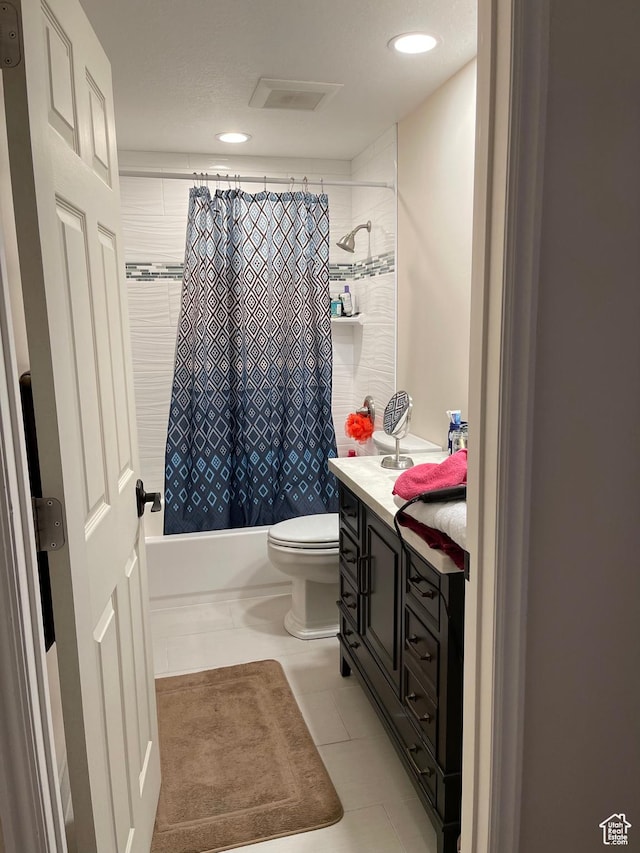 3681 W 775 N, Layton, UT 84041 - bathroom with toilet, vanity, shower / bathtub combination with curtain, tile patterned flooring, and recessed lighting