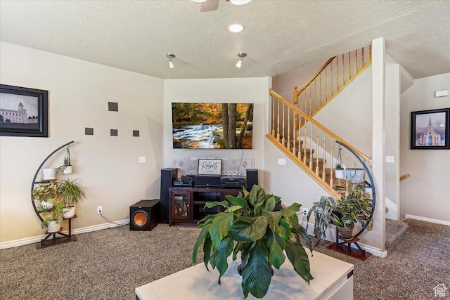 3681 W 775 N, Layton, UT 84041 - living area with carpet, stairs, a textured ceiling, and baseboards