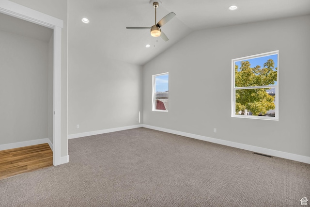 2711 S Allison Way Unit 101, Syracuse, UT 84075 - unfurnished bedroom featuring carpet flooring, recessed lighting, lofted ceiling, baseboards, and ceiling fan