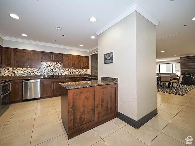 48 W 300 S Unit 2502-N, Salt Lake City, UT 84101 - kitchen featuring dishwasher, tasteful backsplash, dark stone counters, light tile patterned flooring, and ornamental molding