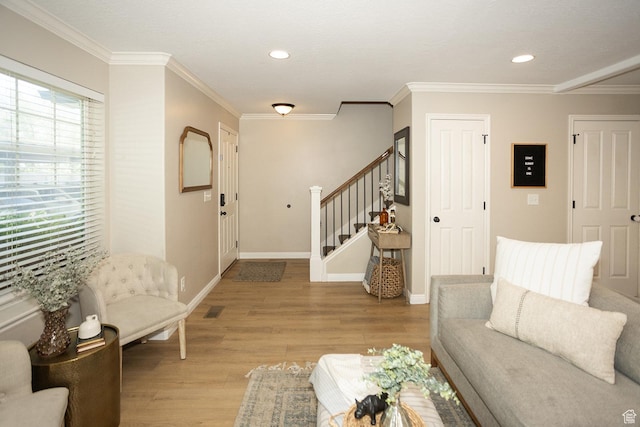1908 W 1020 N, Provo, UT 84604 - living room with stairs, light wood-style flooring, ornamental molding, recessed lighting, and baseboards