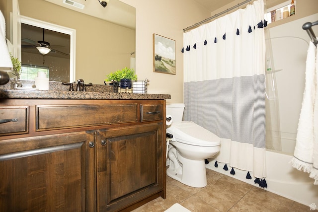 1908 W 1020 N, Provo, UT 84604 - full bathroom with vanity, toilet, a ceiling fan, tile patterned floors, and shower / bath combo with shower curtain