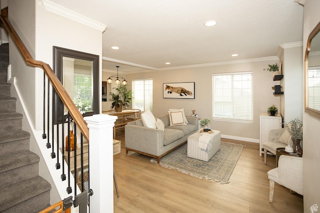 1908 W 1020 N, Provo, UT 84604 - living area with crown molding, light wood-type flooring, stairway, recessed lighting, and baseboards