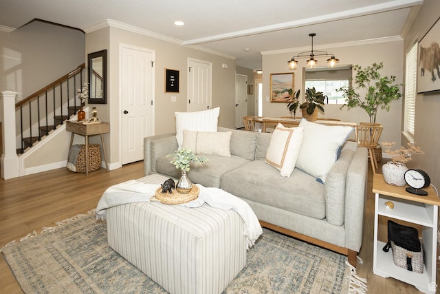 1908 W 1020 N, Provo, UT 84604 - living room with wood finished floors, stairway, ornamental molding, baseboards, and recessed lighting