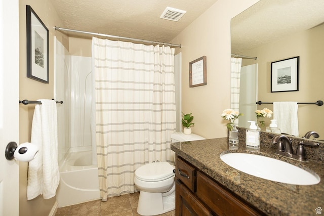 1908 W 1020 N, Provo, UT 84604 - bathroom with vanity, toilet, shower / bathtub combination with curtain, tile patterned flooring, and a textured ceiling