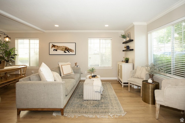 1908 W 1020 N, Provo, UT 84604 - living room featuring light wood-style flooring, baseboards, crown molding, and recessed lighting