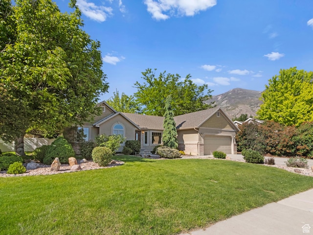 1206 W 3300 N, Pleasant Grove, UT 84062 - ranch-style house featuring a garage, stucco siding, a front lawn, and a mountain view