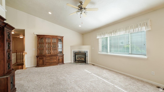 10205 N 3900 W, Cedar Hills, UT 84062 - unfurnished living room with a premium fireplace, carpet floors, ceiling fan, lofted ceiling, and recessed lighting