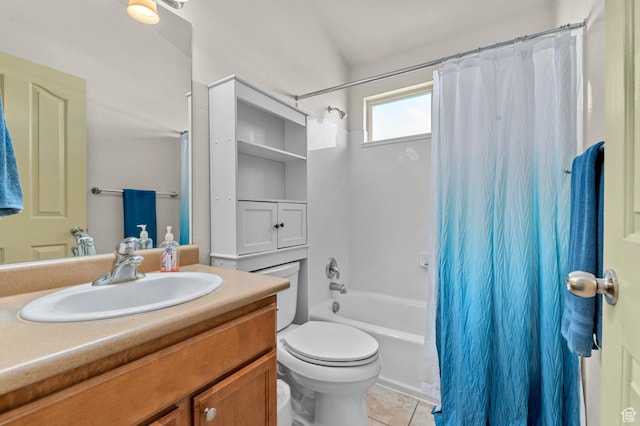 14163 S Friendship Dr W, Herriman, UT 84065 - full bath featuring vanity, shower / bathtub combination with curtain, tile patterned flooring, and toilet