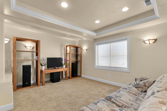 14163 S Friendship Dr W, Herriman, UT 84065 - carpeted living room featuring a tray ceiling, ornamental molding, baseboards, recessed lighting, and a desk