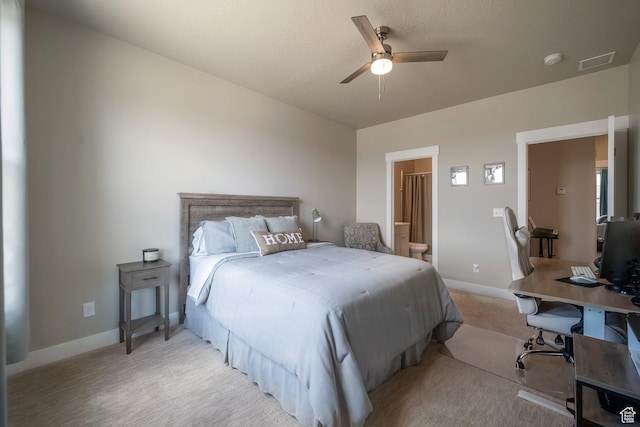 898 S 2560 E, Spanish Fork, UT 84660 - bedroom featuring light colored carpet, baseboards, an office area, connected bathroom, and ceiling fan