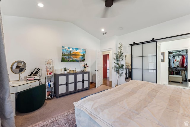 222 S Summer Breeze Ln, Layton, UT 84041 - carpeted bedroom with vaulted ceiling, recessed lighting, a barn door, a spacious closet, and a ceiling fan