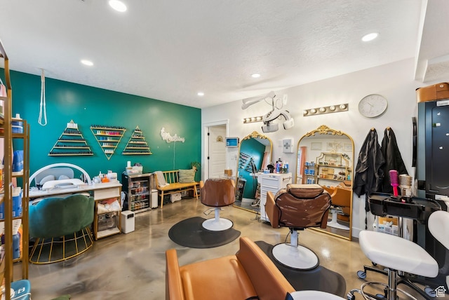 222 S Summer Breeze Ln, Layton, UT 84041 - living room featuring finished concrete flooring, recessed lighting, a textured ceiling, and arched walkways