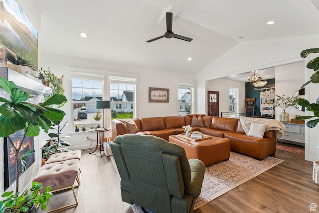 222 S Summer Breeze Ln, Layton, UT 84041 - living room with vaulted ceiling, a ceiling fan, a chandelier, wood finished floors, and recessed lighting
