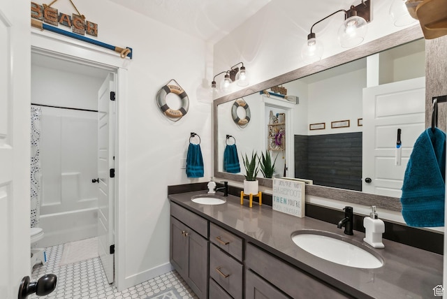 222 S Summer Breeze Ln, Layton, UT 84041 - full bathroom with double vanity, toilet, baseboards, shower / bath combination with curtain, and tile patterned flooring