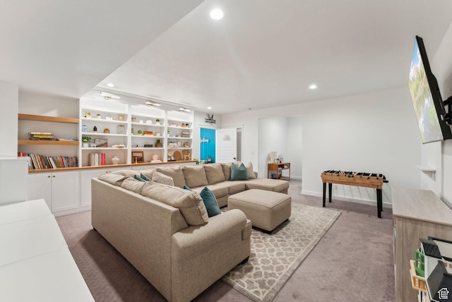 222 S Summer Breeze Ln, Layton, UT 84041 - living room featuring recessed lighting, light colored carpet, built in shelves, and baseboards
