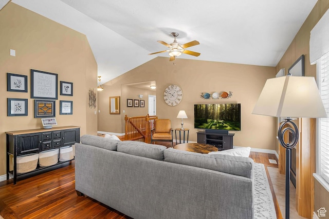 3285 S 575 W, Syracuse, UT 84075 - living room featuring a ceiling fan, dark wood finished floors, baseboards, and lofted ceiling